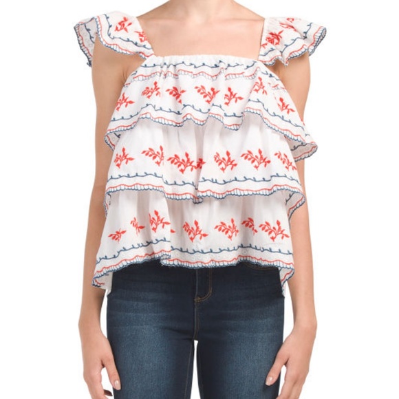 grand & greene Tops - Grand & Greene | Boho White Ruffle  Print Top XL